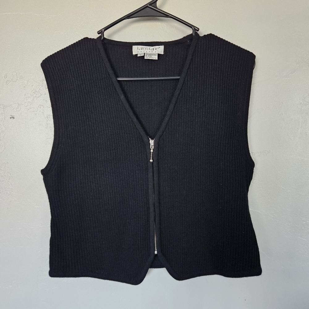 Karen Kane Vintage Women's Large Black V-Neck Sweater Vest 100% Merino Wool Zip